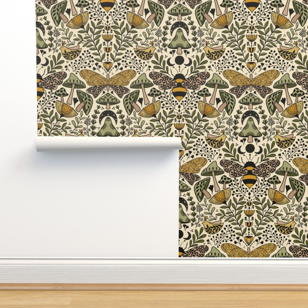 Nouveau Nature Green Yellow Butterfly Forest Plants Moth Bohemian Bee Botanical Wildlife Ecological Wild Grass Mustard Beige Custom Removable Wallpaper by Spoonflower Peel & Stick Wallpaper 2FT Wide